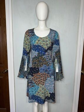 Prelude Boho Multi Colored Peacock Print Flutter Sleeve Scoop Neck Midi Dress S